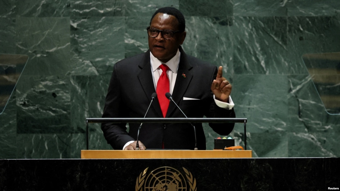 FILE - Malawi's President Lazarus Chakwera, shown here addressing the U.N. General Assembly in New York on Sept. 21, 2023, suspended foreign trips by himself and other government officials on Nov. 15 in response to the devaluation of the nation's currency.