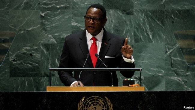 FILE - Malawi's President Lazarus Chakwera, shown here addressing the U.N. General Assembly in New York on Sept. 21, 2023, suspended foreign trips by himself and other government officials on Nov. 15 in response to the devaluation of the nation's currency.
