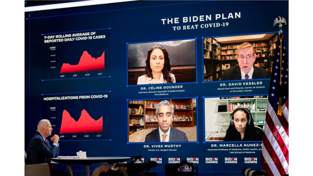 Democratic presidential candidate former Vice President Joe Biden attends a virtual public health briefing at The Queen theater in Wilmington, Del., Oct. 28, 2020.