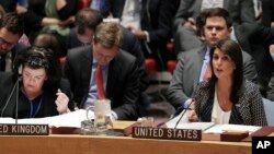 Nikki Haley, right, U.S. ambassador to the United Nations, speaks during a Security Council meeting at United Nations headquarters, April 13, 2018.