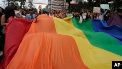 Para peserta pawai memamerkan bendera pelangi besar saat mengikuti pawai LGBT, Gay Pride Parade, di Quito, Ekuador, Sabtu, 29 Juni 2019. (Foto: AP)