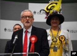 British opposition Labour Party leader Jeremy Corbyn speaks during the declaration of his seat in the 2019 general election in Islington, London, Dec. 13, 2019.