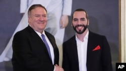 El Salvador's President Nayib Bukele speaks during a meeting with U.S. Secretary of State Mike Pompeo at the Presidential House in San Salvador, El Salvador, Sunday, July 21, 2019. 