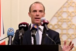 Britain's Foreign Secretary Dominic Raab speaks during a press conference in Doha, Qatar, September 2, 2021.