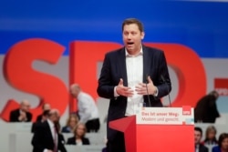 FILE - Social Democratic Party, SPD, Secretary General candidate Lars Klingbeil delivers his speech at a party's convention in Berlin.