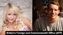 FILE - A combination of handout images shows British students, Hannah Witheridge, left, and David Miller, right. 