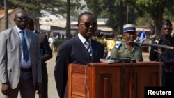 Alexandre Nguendet, chairman of the National Transition Council, speaks at the Gendarmerie headquarters in Bangui, Jan. 13, 2014. 