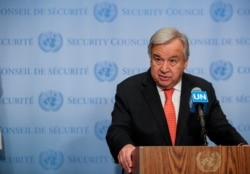 FILE - United Nations Secretary-General Antonio Guterres speaks at the United Nations headquarters in New York, Aug. 1, 2019.