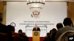 U.S. Secretary of State Mike Pompeo delivers his speech during the "Advancing and Defending International Religious Freedom Through Diplomacy" symposium, in Rome, Wednesday, Sept. 30, 2020. (AP Photo/Andrew Medichini)