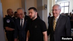 U.S. Senate Majority Leader Chuck Schumer and Republican Leader Mitch McConnell meet with Ukrainian President Volodymyr Zelenskiy on the sidelines of NATO's 75th anniversary summit, on Capitol Hill in Washington, July 10, 2024. 