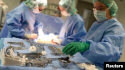 Surgeons of the general and visceral surgery at the Asklepios Hospital Hamburg-Barmbek, open the abdominal wall of a patient during liver surgery, Aug. 15, 2013. 