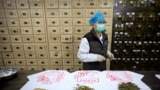 In this March 13, 2020 photo, a worker stands near piles of, from left, Mongolian milkvetch, celery sagebrush, and Chinese mugwort at the Bo Ai Tang traditional Chinese medicine clinic in Beijing. 