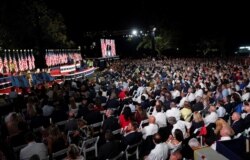 FILE - U.S. President Donald Trump delivers his acceptance speech as the 2020 Republican presidential nominee during the final event of the Republican National Convention on the South Lawn of the White House in Washington, Aug. 27, 2020.