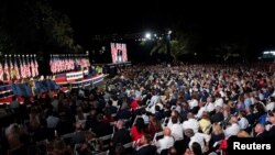 FILE - Then-President Donald Trump delivers his acceptance speech as the 2020 Republican presidential nominee during the final event of the Republican National Convention on the South Lawn of the White House in Washington, Aug. 27, 2020.