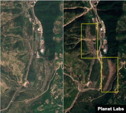 전천 인근 미사일 시설의 7월(왼쪽)과 9월(오른쪽)의 모습. 미사일 시설 주변 마을 주택 단지가 유실된 장면(사각형 안)을 볼 수 있다. 사진=Planet Labs