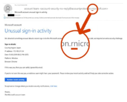 '마이크로소프트'사가 보고서를 통해 공개한 국가 주도 사이버 공격의 한 예시. 메일 주소에 microsoft의 'm' 대신 'r'과 'n'을 붙여 쓴 'rn'으로 교묘히 바꿔서 메일을 보내 사람들을 속이고 있다.