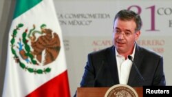 FILE - Mexico's central bank Governor Alejandro Diaz de Leon Carrillo gives a speech in Acapulco, Mexico, March 8, 2018.