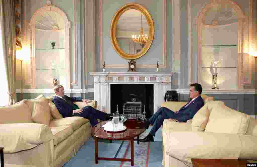 Romney meets with Irish Prime Minister Enda Kenny at the Irish Embassy in London, July 27, 2012.