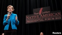 Democratic presidential candidate and U.S. Senator Elizabeth Warren speaks at the Frank LaMere Native American Forum while campaigning in Sioux City, Iowa, Aug. 19, 2019.