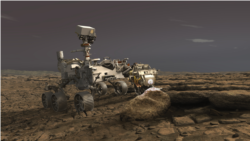 In this illustration on June 16, 2020, NASA's Perseverance rover uses its Planetary Instrument for X-ray Lithochemistry (PIXL) instrument to analyze a rock on the surface of Mars. (Credit: NASA/JPL-Caltech)