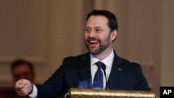 FILE - Jason Carter, grandson of former first lady Rosalynn Carter, speaks at a tribute service for the former first lady at Glenn Memorial Church November 28, 2023, in Atlanta.