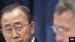 U.N. Secretary-General Ban Ki-moon, left, listens as the co-chair of the U.N. High-level Advisory Group on Climate Change Financing, Norwegian Prime Minister Jens Stoltenberg, speaks following the hand-over of the group's report on Friday, Nov. 5, 2010.