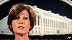 FILE - Then-Deputy Attorney General Sally Yates speaks during a news conference at the Justice Department in Washington, June 28, 2016.