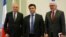 From left, French Foreign Minister Jean-Marc Ayrault, Ukrainian Foreign Minister Pavlo Klimkin and German Foreign Minister Frank-Walter Steinmeier pose for a photo after their news conference in Kyiv, Ukraine, Feb. 23 2016. 