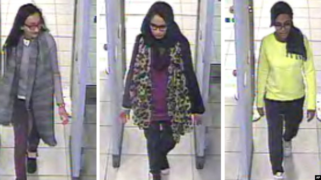 FILE - In this three image combo of stills taken from CCTV issued by the Metropolitan Police in London on Feb. 23, 2015, Kadiza Sultana, 16, left, Shamima Begum,15, center and 15-year-old Amira Abase going through security at Gatwick airport, before they