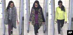 FILE - In this three image combo of stills taken from CCTV issued by the Metropolitan Police in London, Feb. 23, 2015, Kadiza Sultana, 16, left, Shamima Begum, 15, center and 15-year-old Amira Abase go through security at Gatwick airport.