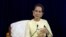 Myanmar leader Aung San Suu Kyi speaks during literacy talks with university students at the convocation hall of Yangon university Tuesday, Aug. 28, 2018, in Yangon, Myanmar.