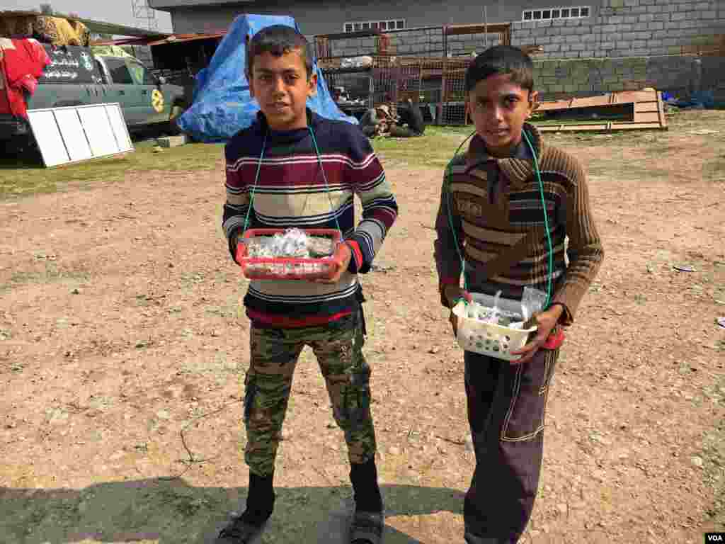 Kids from Arij village sell sunflower seeds to Iraqi forces. (Kawa Omar/VOA Kurdish)