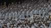 U.S. Army cadets wearing protective masks stand at Michie Stadium ahead of the annual Army-Navy collegiate football game, in West Point, New York, Dec. 12, 2020.