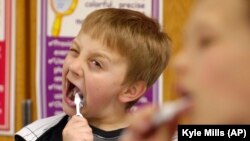 David Taylor (9 tahun), mulai menyikat giginya setelah makan siang di Moscow, Idaho. Ini adalah bagian dari program yang dimulai oleh Dokter Gigi Rich Bailey untuk membantu mempromosikan kesehatan gigi, 12 Maret 2010. (Foto: AP/Kyle Mills)