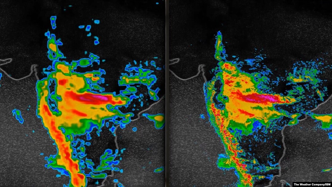An August 2018 monsoon forecast in India, according to the current model, left, and the new, higher-resolution model, right. 