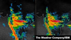 An August 2018 monsoon forecast in India, according to the current model, left, and the new, higher-resolution model, right. 