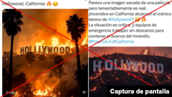 Capturas de publicaciones en X sobre el cartel de Hollywood en llamas, estas fueron creadas con IA.