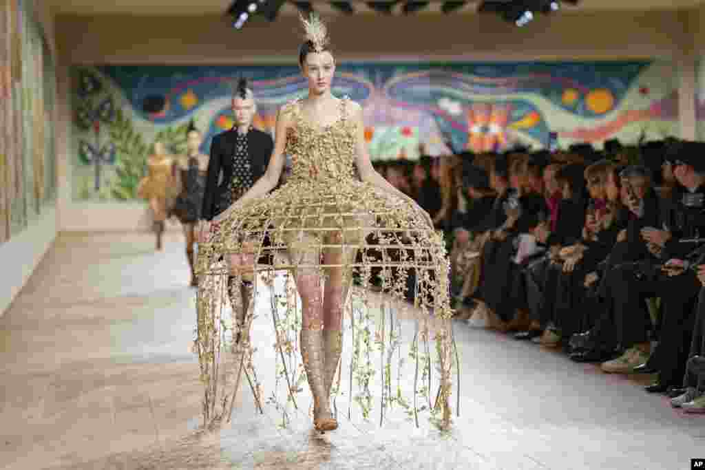 A model wears a creation as part of the Christian Dior Haute Couture Spring Summer 2025 collection, that was presented in Paris.