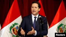 Peru's Congress President Daniel Salaverry speaks to the media after Peru's President Martin Vizcarra asked the Congress for a new vote of confidence in his Cabinet in Lima, Peru, Sept. 17, 2018.