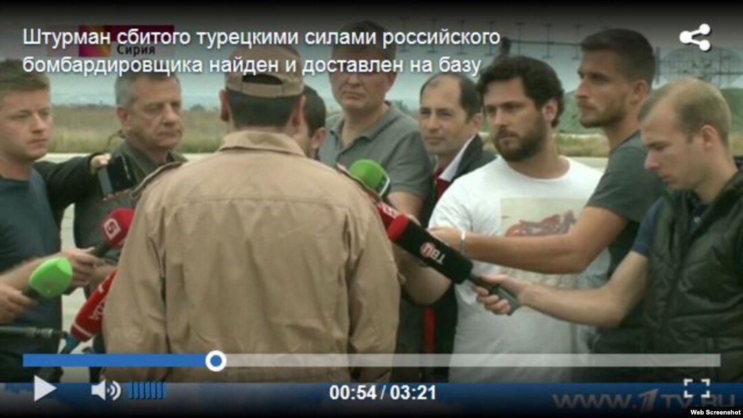 In the screen shot from www.1tv.ru, Captain Konstantin Murakhtin, the surviving airman of the downed Russian fighter jet, speaks to Russian TV journalists.