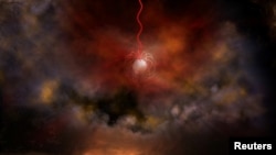 An artist's conception of a neutron star with an ultra-strong magnetic field, called a magnetar, emitting radio waves (red). Magnetars are a leading candidate for what generates phenomena called fast radio bursts. (Bill Saxton, NRAO/AUI/NSF/Handout via REUTERS)