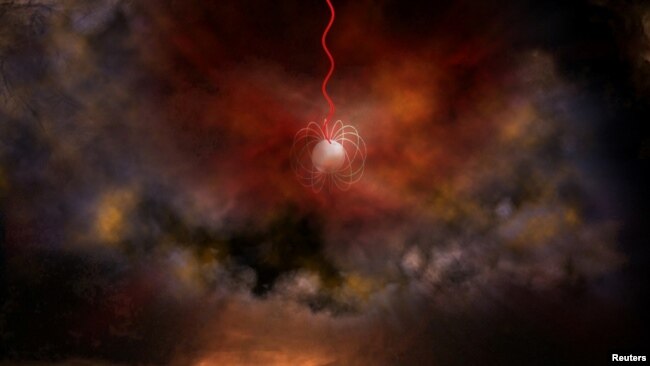 An artist's conception of a neutron star with an ultra-strong magnetic field, called a magnetar, emitting radio waves (red). Magnetars are a leading candidate for what generates phenomena called fast radio bursts. (Bill Saxton, NRAO/AUI/NSF/Handout via REUTERS)