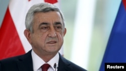 Serzh Sargsyan, then president of Armenia, speaks during a news briefing in Tbilisi, Georgia, Oct. 30, 2015.