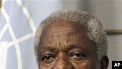 ທ່ານ Kofi Annan, ທູດສັນຕິພາບພິເສດ ທີ່ຖືກແຕ່ງຕັ້ງຂຶ້ນໂດຍອົງການສະຫະປະຊາຊາດ ແລະສັນນິບາດຊາດອາຣັບ ທີ່ໄດ້ລາອອກໃນຕົ້ນເດືອນນີ້ (AP Photo/Hussein Malla)