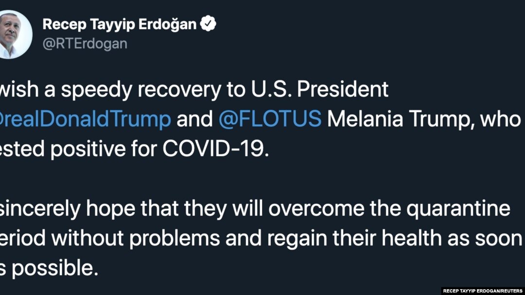 Tvit predsednka Turske Redžepa Tajipa Erdogana posle vesti da su predsednik SAD Donald Tramp i prva dama Melanija testirani pozitivni na prisustvo koronavirusa, 2. oktobra 2020. 