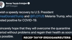 Turkey's President Recep Tayyip Erdogan's tweet after U.S. President Donald Trump and first lady Melania Trump tested positive for the coronavirus is seen in this screen grab obtained from social media on Oct. 2, 2020. 