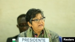 FILE - Council-mandated Commission on Human Rights in South Sudan Yasmin Sooka addresses the Human Rights Council 26th Special Session on the human rights situation in South Sudan, Geneva, Dec. 14, 2016. 