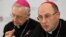 Archbishop Wojciech Polak, right, the Roman Catholic primate of Poland, addresses the media during a news conference at the episcopate building in Warsaw, Poland, March 14, 2019. 