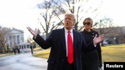 U.S. President Donald Trump and first lady Melania Trump depart the White House to board Marine One ahead of the inauguration of president-elect Joe Biden, in Washington, January 20, 2021.