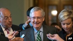 参议院多数党领袖米奇·麦康奈尔公布共和党医保草案后面带微笑离去（2017年6月22日）